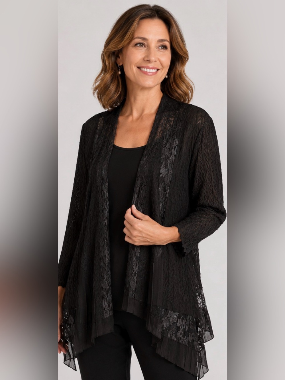 Komarov Deluxe Black Pleated Lace Sheer Open Front Jacket Topper XL NWT
